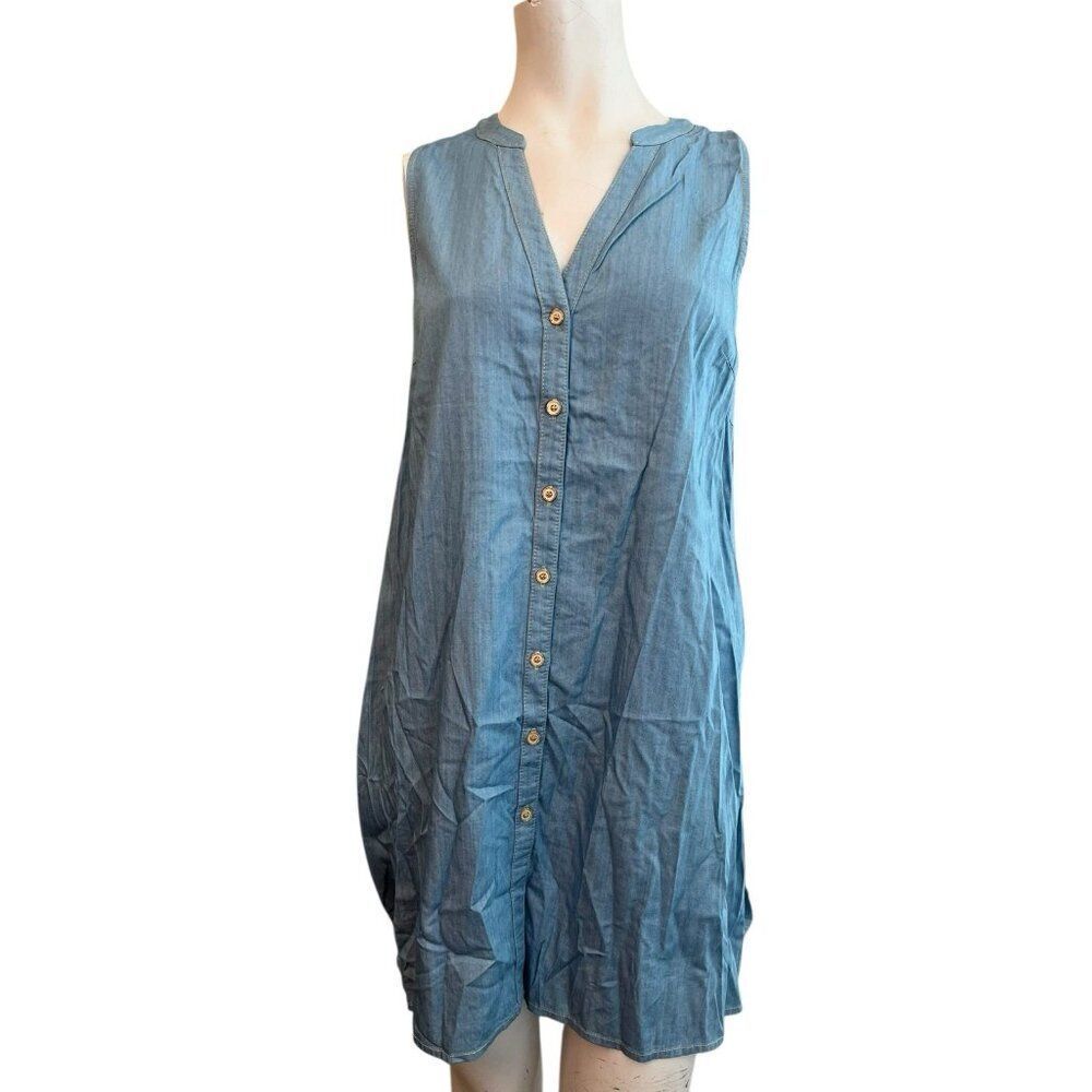 Ladies Small Blue Chambray Shift Dress Lightweight Button Front Lace Sleeveless